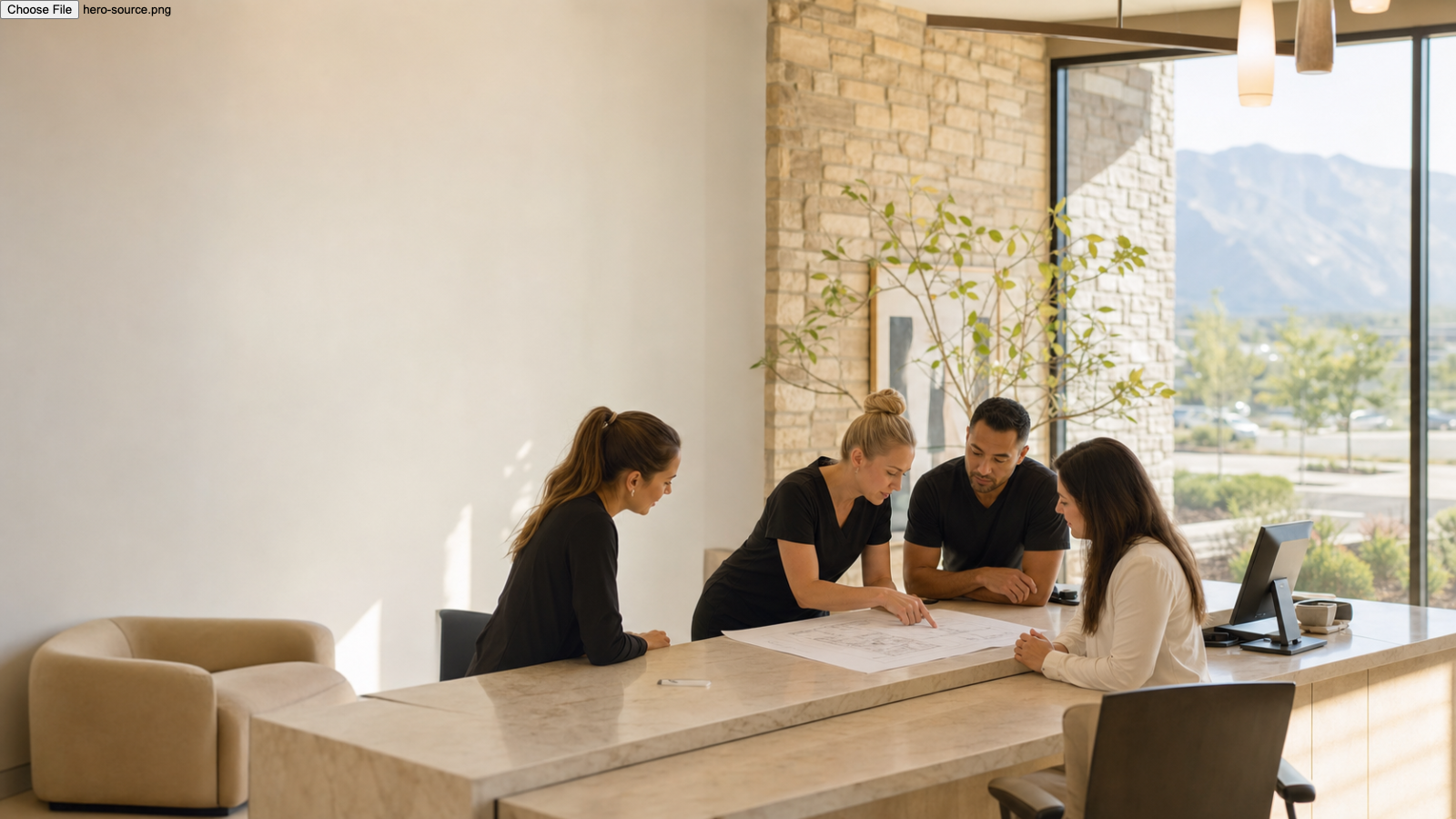 A small clinic team reviews an expansion plan at a sunlit reception desk with Utah mountains beyond the windows.