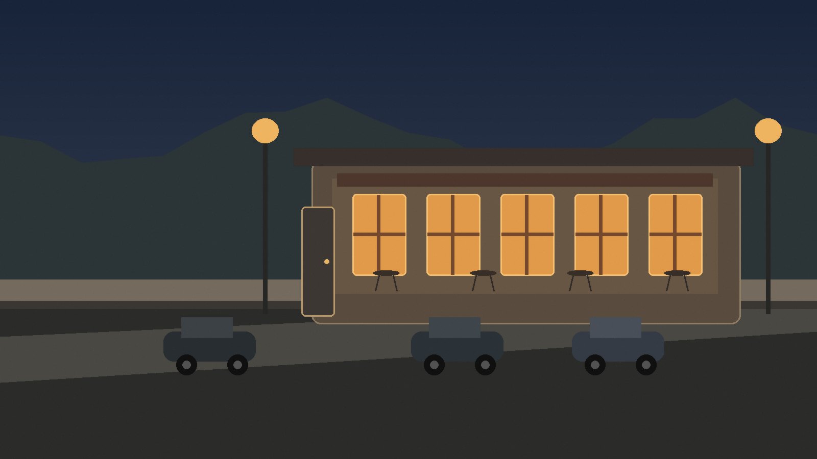 Modern independent pizza restaurant exterior in West Valley City at blue hour